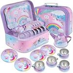 Jewelkeeper 15 Piece Kids Party Tin Tea Set for Toddlers - Kids Pretend Toy Tin Tea Set & Carrying Case - Cotton Candy Unicorn tea sets for girls - toy picnic set