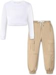 Girls Clothing Sets, Girls Long Sleeved and Cargo Jogger Pants Outfits 2pcs Clothes Set, White+khaki, 13-14 Years