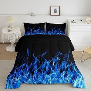 Feelyou Flame Bedding Bed Set Kawaii Decor Comforter Set for Kids Boys Women Blue Flame Comforter Chic C Quilt with 2 Pillowcases 3Pcs Bedding Queen