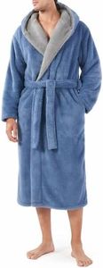 DAVID ARCHY Men's Soft Plush Fleece Robe Full Length Hooded Long Bathrobe for Men with Hood (L, Light Blue- Shu Velveteen)