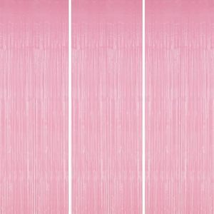 DECOCKRAT 3 Pack Foil Fringe Backdrop - Shiny Tinsel Curtains for Party Decoration/Photo Booth Props - 3.3x8.2 FT Metallic Foil Backdrop for Birthday, Wedding, Graduation, Christmas-Pastel Pink
