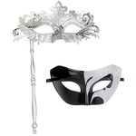 IETANG One Pair Couple's Gorgeous Venetian Masquerade Masks Party Costumes Accessory (on Stick-Silver 1)