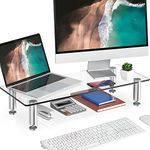 FITUEYES Large Monitor Stand Glass Height Adjustable PC Laptop Computer Screen Riser, Home Office Supplies Desk Organizer 56x24cm