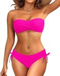 Women's Hot Pink Strapless Bandeau Bikini Set - Twist Front Two Piece Swimsuit Top with Side Tie Bathing Suit Bottom XS