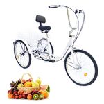 KenSyuInt 24" Adult Tricycle 3-Wheels 6-Speed Trike Bicycle Cargo Trike Cruiser Cycling Tricycle with Backrest Rear Basket, Tricycle Pedal Cycling Bike for Shopping Outdoor Picnic Sports (White)