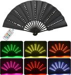 Rave Fan Chinese LED Folding Fan LED Glowing Colorful Light Up Fan with Remote Control, Stage Performance Dance Fans Festival Fan for Birthday Party Event Dance Night Bar Club Photo Props (Black)