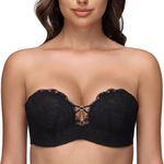 WingsLove Women's Strapless Bra Lace Push Up Deep Plunge Multiway Underwire Padded Full Coverage Support Soft Cup Bra Black