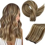 Full Shine Genius Weft Hair Extensions Human Hair Color Brown Highlight Honey Blonde Hair Extensions Hand Tied Weft Hair Extensions Human Hair For Women Straight Hair Weft Extensions 20 Inch 80G