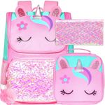 3PCS Unicorn Backpack for Girls,15" Kids Sequin Bookbag with Lunch Box,Pink School Bag for Elementary Preschool Toddler