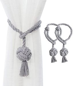 JQWUPUP 2 Pack Rustic Curtain Tiebacks - Outdoor Curtain Drapery Holdbacks Holders - Hand Knitting Cotton Rope Drape Tie Backs for Sheer and Blackout Curtain(Set of 2, Grey)