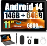 HiGrace Android Tablet, 14GB RAM+64GB ROM (TF 1TB), 11 inch Android 14 Octa-Core, 6800mAh, Widevine L1, WiFi 6, 8 in 1 Tablet with Keyboard, Mouse, Protective Case, Stylus, Headset, Charger- Black