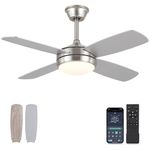 Asyko 42" Ceiling Fans with Lights, Modern Ceiling Fan with Lights and Remote Control/APP, Reversible DC Motor and Dimming, Low Profile Ceiling Fans for Indoor Bedroom, Brushed Nickel