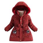 Runstarshow Girls' Coats Girls Winter Jacket Padded Coat Hooded Parka Jacket Fleece Lined Kids Warm School Coats with Detachable Hood Fur Collar Belt Pockets Outerwear for Girls Aged 3-12 Years