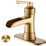 Arkosdex Waterfall Bathroom Sink Faucet, Single Handle Rustic Faucets for 1 or 3 Holes, Retro Farmhouse Lavatory Faucets with Pop Up Drain Supply cUPC Lines & Deck Plate, Brass, Brushed Gold