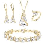 BriLove Wedding Bridal Jewelry Set, Teardrop Cubic Zirconia Crystal Pendant Necklace Leverback Earrings Tennis Bracelet Adjustable Ring Set Gift for Birthday Mother's Day Clear Gold-Tone