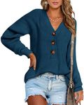 BTFBM Women Long Sleeve V Neck Button Down Sweater Solid Color Ribbed Knit Sweater Casual Relaxed Fit Pullover Jumper(Solid Dark Blue,X-Large)