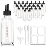 24 Pcs, Dropper Bottle 2 oz, Bumobum Glass Eye Dropper Bottles for Essential Oils with Labels and Funnel, Tincture Bottle 60 ml with Measured Dropper (Clear)