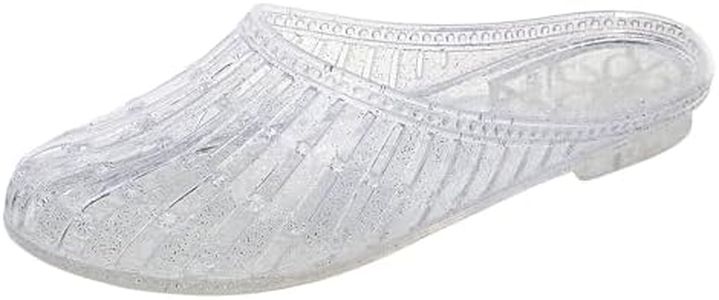 OMGard Womens Jelly Shoes, White Jellies Sandals Glitter Clear Flats Slip On Summer Beach Slippers Transparent Closed Toe Soft Slide, Clear Flat, 8