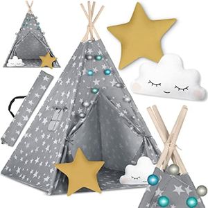 Nukido Tipi 740120 - Tienda de campaña para niños, algodón, Marco de Madera, diseño Encantador, fácil de Limpiar, 120 x 120 x 165 cm, Luces Grises, Gris con Estrellas, 740120
