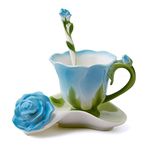 YBK Tech Creative 3D Rose Bone China Ceramic Coffee Mugs Afternoon Tea Cup and Saucer Set (Blue)