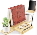 YITOBA Triangle Book Holder, Wooden Book Nook Reading Valet with Retractable Cup Holder, Book Display Stand for Page Rest, Small Book Rest for Nightstand, Coffee and Book Lovers Gifts (Natural)