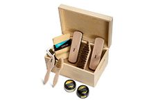 Kaps Complete Shoe Clean and Care Kit, 9 Piece Shoe Care Set for Leather Boots and Shoes, Footwear Cleaning Kit with Wooden Gift Box