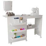 Barlezy Folding Sewing Table, Wood Sewing Craft Table with Storage Shelves & Lockable Casters, Rolling Craft Station Desk for Apartment Home, Display Cabinet for Small Space (White, 47"L*16"W*31.5"H)