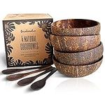 COCOBOWLCO Coconut Bowl & Wooden Spoons Bowl Set - Birthday Gifts for Women - Coconut Bowls for Eco Friendly Kitchen Decor, Acai Bowls & Smoothie Bowls (4, Natural)