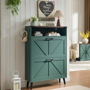 Barnyatoh Shoe Storage Cabinet,Farmhouse Shoe Organizer with 2 Flip Drawers & Barn Door Design,Freestanding Hidden Slim Narrow Shoe Rack Cabinet with Open Storage for Entryway, Foyer,Hallway,Green