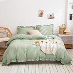 Merryword Shabby Ruffle Style Duvet Cover Queen Size Cute Sage Green Ruffled Bedding Set Soft Comfy Duvet Cover Set French Countryside Vintage Bedding (Queen, Sea Green)