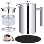 KOOYAT Cafetiere French Press Coffee Maker with Capacity of 1000ml / 8 Cup Double Walled Insulated Coffee Press for Ground Coffee at Home Travel Large Caffettiera Gift Set for Woman Man Silver Color