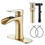 Mosson Bathroom Faucet Waterfall Brass Bathroom Sink Faucet with Pop-Up Drain & Deck Plate,Brushed Gold Single Handle Bathroom Faucet for Sink 1 or 3 Hole Deck Mount