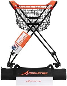 ACELETIQS Baseball Softball Portable Batting Practice Ball Caddy, Use During Training and Drills, Save Your Back No More Bending, Holds up to 60 Baseballs, Instant Setup (4 Leg with Wheels)