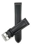 Bandini 20mm Wide, Black Genuine Leather Watch Band Strap, Mat Finish, White Stitching, Also Comes in Brown, Tan and Light Brown