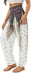 QIANXIZHAN Women's Harem Pants, High Waist Yoga Boho Trousers with Pockets, White, Medium