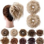 Hairro Tousled Updo Messy Bun Hair Pieces Curly Wavy Elastic Scrunchies (#18H613 Dark Blonde & Bleach Blonde) Rubber Band Hairpiece Fluffy Hair Extensions Synthetic Chignon Ponytail Donut for Women Hairpiece for Birthday Party 45g 2pcs