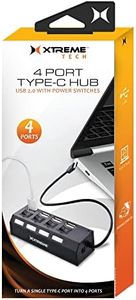 Xtreme Type-C USB 2.0 Hub, 4 Ports, Individual LED Power Indicators/Switches, Supports Wireless Mice, Flash Drives, Smartphones, Easy DIY Installation