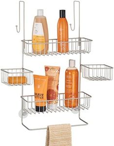 mDesign Steel Over The Door Shower Caddy - Hanging Shower Organizer Rack w/ 4 Baskets, 2 Hooks - in-Shower Hanging Caddy for Bathroom - Over Door Shower Caddy Hanger - Klypon Collection - Matte Satin