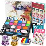 Jojoin Face Paint Set for Kids, 16 Color Face Painting Palette with 4 Large Base Color, Rainbow Cake, 94 Gems, 18 Stencils, Non-Toxic - Water Based - Halloween Carnival Makeup Kit