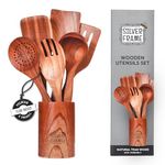 Silver Frame Wooden Spoons for Cooking, Wooden Utensils Set with Kitchen Holder -7 pcs of Teak Wood Cooking Utensils Set, Wooden Kitchen Utensils for Nonstick Pans and All Kind of Cooking