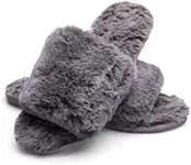 Happy Touch Women's Soft Lightweight Faux Fur Memory Foam House Slippers Fuzzy Slip on Open Toe Plush Spa Slippers, Grey, 5-6(S)