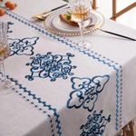 TEWENE Tablecloth, Rectangle Tablecloth Embroidery Table Cloth Linen Tablecloth Wrinkle Free Spring Tablecloth for Kitchen Dinning Outdoor (Rectangle/Oblong, 55''x120'',10-12 Seats, Blue Flower)