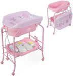 BABY JOY Baby Bathtub with Changing Table, Foldable Infant Diaper Changing Station with Storage Tray, Waterproof Pad, Portable Newborn Nursery Organizer Bath Stand with 4 Universal Wheels (Pink)