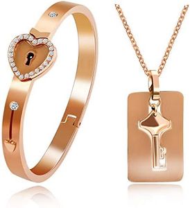 Uloveido Matching Key Pendant Necklace and Lock Bangle Bracelet Set for Couples Women and Men Y474, Stainless Steel, Cubic Zirconia