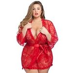 Lovehoney Lingerie Flaunt Me Red Sheer Lace Robe - Luxurious Dressing Gown with Floral Trim and Wide 3/4 Kimono Sleeves - One Size Queen (18-24 UK)