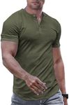 JMIERR Mens Muscle Slim Fit Button Henley Shirts Summer Crewneck Short Sleeve Longline Fitted T-Shirt Gym Workout Athletic Tees Shirt for Man, 3XL, Moss Green