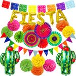 ZERODECO Cinco De Mayo Decorations, Multicolor Fiesta Tissue Pompoms Paper Flowers with Paper Fans Garlands String and Triangle Bunting Banner Hanging Swirls for Birthday Fiesta or Mexican Party