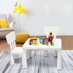 KOTEK Kids Table and Chair Set, 3 Piece Plastic Toddler Table and Chairs for Art Craft, Reading, Drawing, Snack Time, Playroom, Preschool, Kindergarten, Children Activity Table for Ages 1-7 (White)