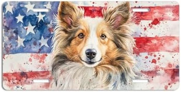NGZ Shetland Sheep Dog License Plate, Funny Pet American Flag Painting Aluminum License Plate Suitable for Car, RVs, Bars, Fences, garages, etc. 12x6 Inch