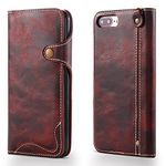 nincyee Genuine Leather Wallet Cases for iPhone 8 Plus,Classic Oil Wax Pattern Leather Flip Cases Button Closure Card Slot with Lanyard